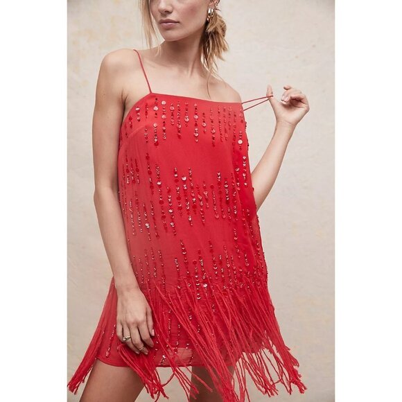 NWT Free People red fringe trim sequin embellished mini dress, XS - Picture 3 of 15